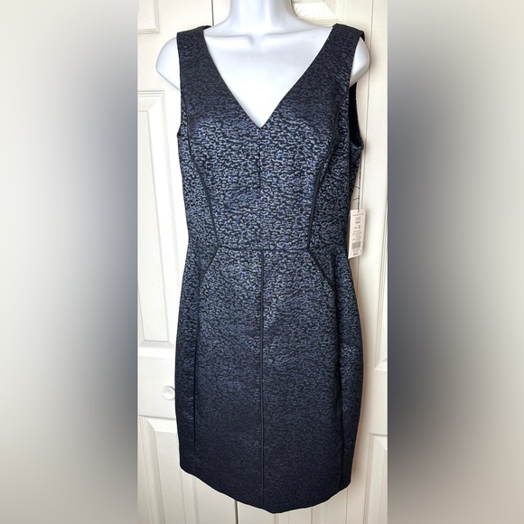 New ETCETERA Baroness Jacquard Dress Shift Sheath Blue Black Geo VNeck Classic - Picture 3 of 12